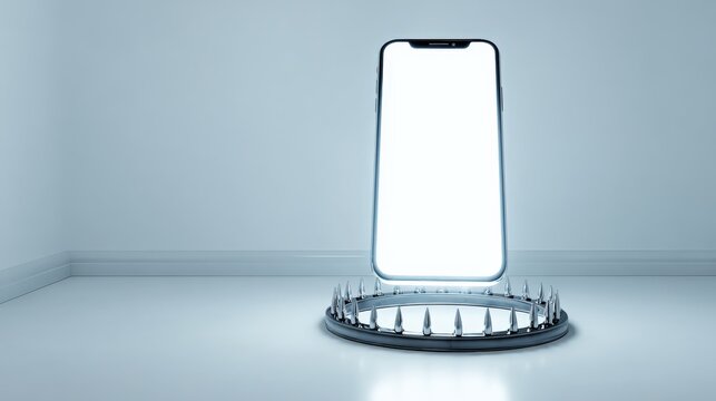 A smartphone is trapped in a dangerous situation, symbolizing the dependence on technology.  ..Created with Generative AI, not depicting real subjects.
