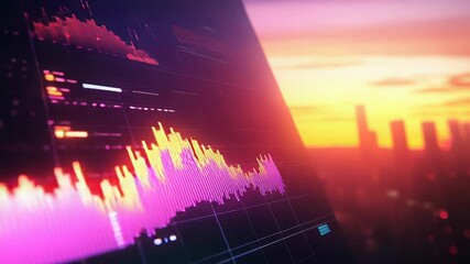 Financial data graphs on digital display over city sunset - Powered by Adobe