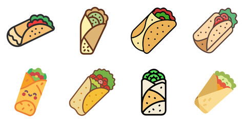 burrito flat icons set. isolated on white background. Vector illustration.
