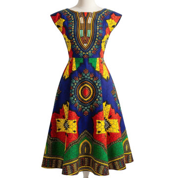 Vibrant african dashiki print dress with colorful patterns and a flowing skirt, isolated on transparent background