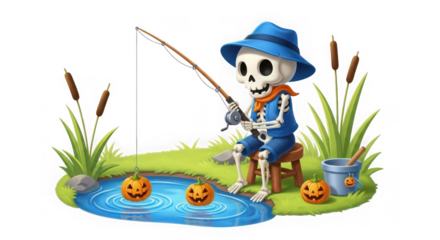 Skeleton fishing for pumpkins in a pond