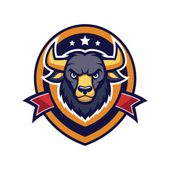 Buffalo head badge mascot logo with elegant ribbon accent for branding Vector illustration