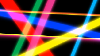 Abstract background with crisscrossing glowing neon laser light beams in multiple colors on black.