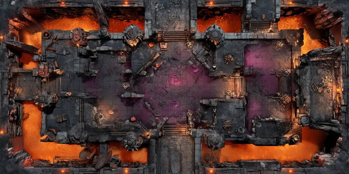 Animated dungeon : A top-down perspective showcases a fantastical dungeon setting, featuring lava, intricate stone architecture, and an ethereal aura, ideal for gaming or fantasy concepts.