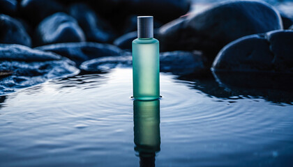 Frosted green cosmetic bottle mock-up with reflection in tranquil water
