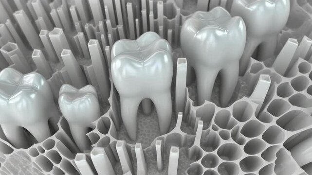 Microscopic view of hexagonal tooth enamel prisms and molar teeth