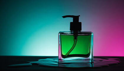 Green cosmetic pump bottle mock-up with vibrant neon background lights
