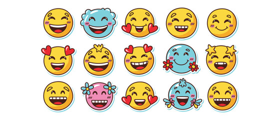 Collection of adorable cartoon emoji faces expressing various positive emotions joy