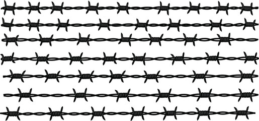 Barbed wire strands, security fencing, sharp metal, protective barrier, danger symbol, industrial design, harsh boundary, silhouette, confinement concept, wire texture