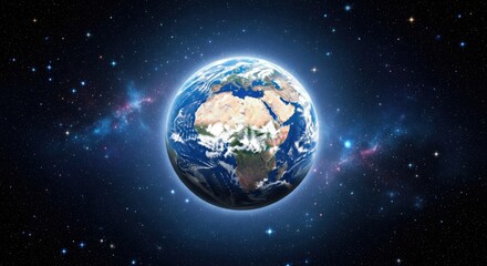 Obraz premium Planet earth viewed from space, with continents and oceans visible, surrounded by a field of stars and nebulae, representing our solar system and the vastness of the universe