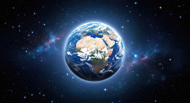 Planet earth viewed from space, with continents and oceans visible, surrounded by a field of stars and nebulae, representing our solar system and the vastness of the universe