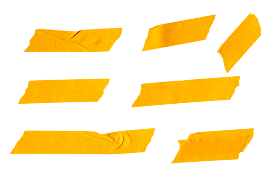 Set of ripped torn paper adhesive orange masking tape on transparent background