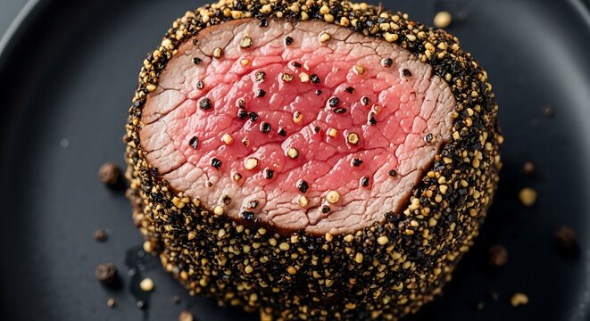 01_Close-up of a mini-tenderloin cut showing pink interior and pepper crust.