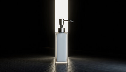 Modern white cosmetic pump bottle mock-up with a silver dispenser dramatically silhouetted by a bright vertical backlight on a dark, reflective surface
