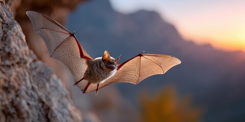 wildlife photography, a mexican free-tailed bat is captured in a close-up as it flies out of a cave against an orange sunset, with other bats and canyon cliffs in the background