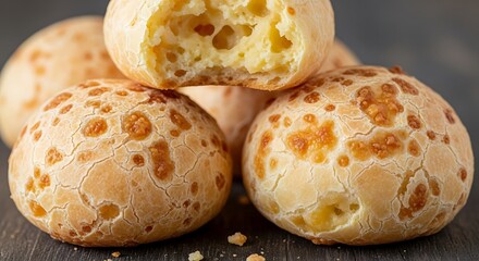 01_Close-up of Chipa de Queijo (cheese bread) stacked. Focus on rustic firm texture.