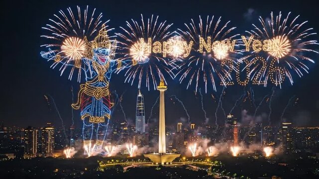 Happy New Year 2026. Spectacular fireworks and drone show of a cultural figure (Gatot Kaca) over the Monas monument in Jakarta, Indonesia.