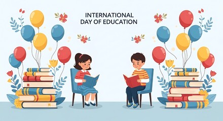 International Day of Education illustration with kids and books