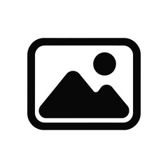 Black icon of a landscape with mountains and sun in a frame