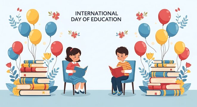 International Day of Education illustration with kids and books