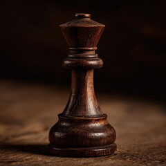 Dark brown wooden chess piece on rustic surface for strategic game concept