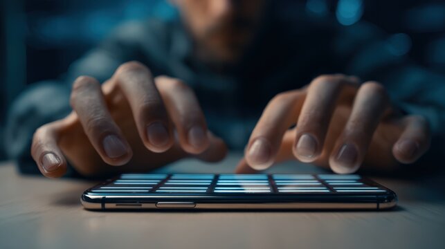 A person uses smartphone in a dim-lit environment, showcasing their hands interacting with the touchscreen. ..Created with Generative AI, not depicting real subjects.