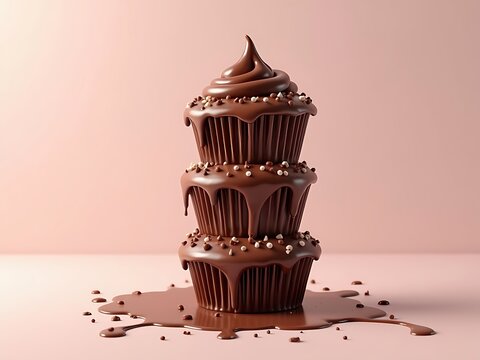 A stack of three chocolate cupcakes made with melting chocolate against a soft pink background.
