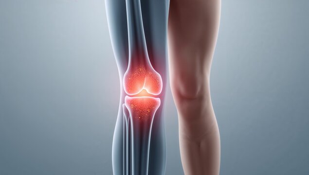 Anatomical illustration of a human knee joint with glowing inflammation and pain highlighted in red