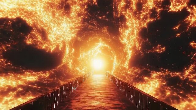 Bridge to glowing light tunnel in fiery clouds