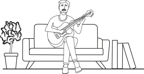Line art of a person playing guitar while sitting on a sofa in a cozy room. Minimal illustration of a relaxing musical moment. Simple outline drawing for creative design projects.