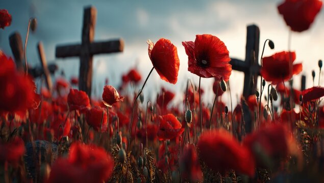 A field of red poppies with wooden crosses in the foreground, representing war and remembrance. - Powered by Adobe