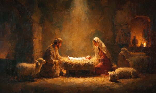 Christmas eve manger scene painting featuring baby jesus nativity