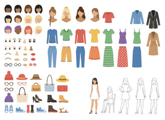 A stylish young woman character set or animation kit, including body parts, trendy clothing, hairstyles, and facial expressions, featuring a female cartoon character with front, side, and back views