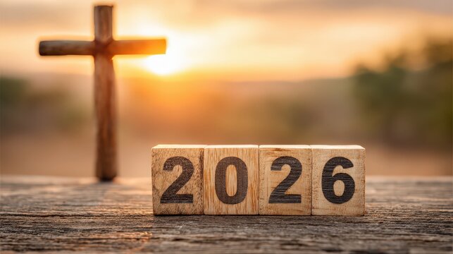 Wooden numbers 2026 with cross at sunset: new year and faith symbol