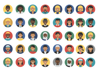Obraz premium A flat vector illustration featuring a collection of diverse male and female avatars, each smiling, colorful, and isolated on a white background, showcasing a bundle of multiethnic user portraits