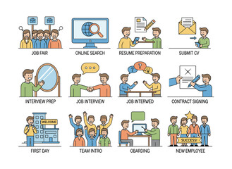 A group of men and women in line, engaging in interviews and shaking hands, depicted in a colorful flat cartoon vector illustration of the recruitment or hiring process