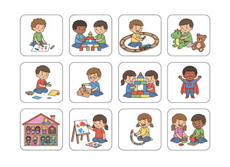 Fototapeta premium Adorable kids engaging in toy play, little boys and girls enjoying leisure in a nursery playroom, experiencing joyful kindergarten days, depicted in flat vector illustrations on a white background