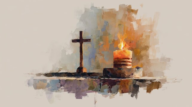 Watercolor painting of cross and candle on light background for spiritual reflection