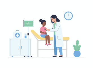 Illustration of an African American girl being examined by a pediatrician in a pediatric office, depicted as a flat vector image on a white background