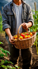 Fototapeta premium A man in a gray jacket is holding a woven basket filled with ripe tomatoes