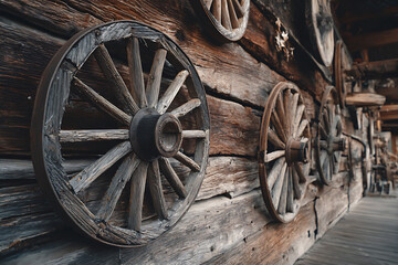Obraz premium Rustic Antique Wooden Wheels Displayed on Weathered Wall