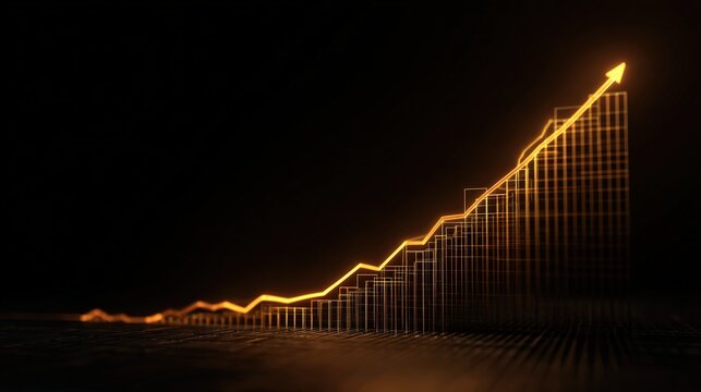 An illuminating graph ascends to show financial triumph, rendered in golden hues, soaring against a pitch-black background. ..Created with Generative AI, not depicting real subjects.