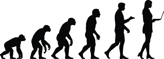 Human evolution progression silhouette, primitive to modern technology user, development, growth, advancement, transformation, innovation, digital era concept