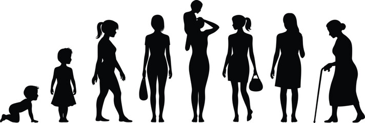 Life stages of a woman illustrated in silhouette form, showing growth, development, motherhood, maturity, aging, and generational progression
