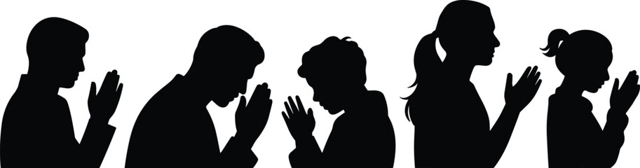 Silhouette people praying together, diverse group in worship posture, faith devotion illustration showing unity, spirituality and peaceful meditation