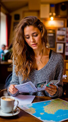 Fototapeta premium A woman with long curly hair is sitting at a table looking at a map and a brochure with a cup of coffee in front of her