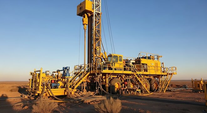 A large, yellow, industrial drilling rig dominates the landscape under a clear, blue sky. The machinery is positioned on flat terrain - Powered by Adobe