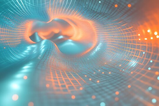 Abstract futuristic network tunnel with glowing particles in teal and orange hues background - Powered by Adobe
