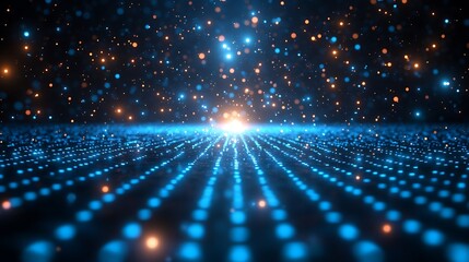 Abstract glowing digital particle landscape with orange and blue bokeh lights background effect