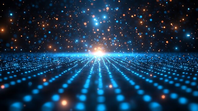 Abstract glowing digital particle landscape with orange and blue bokeh lights background effect